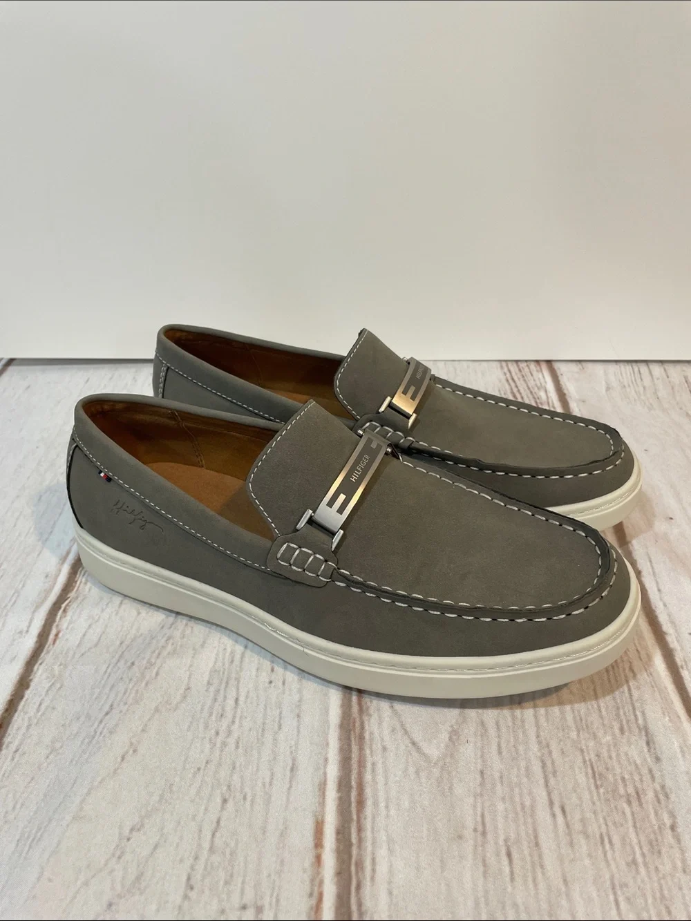 Tommy Hilfiger Men's Gray Slip-On Loafers with White Sole